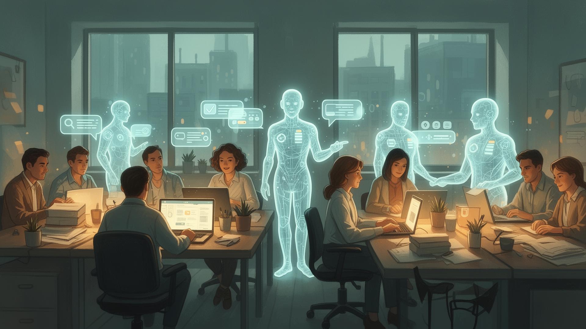 A small business team at desks with translucent AI agent figures working alongside them on chats, scheduling and content.