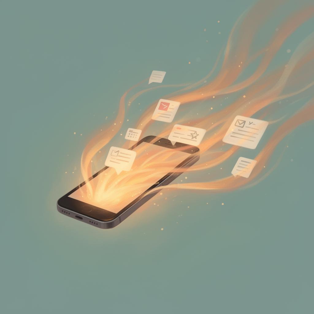 A smartphone with glowing ribbons of light flowing out of it, representing messages, calendar events and tasks handled automatically.