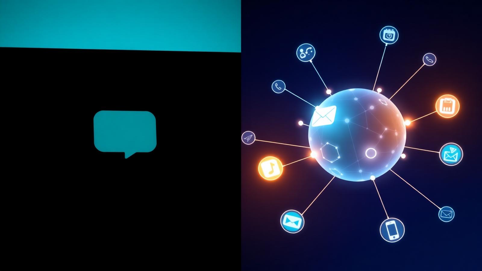 Diptic: în stânga, o bulă de chat mică și pasivă pe un ecran întunecat; în dreapta, un agent AI luminos conectat prin linii de lumină la calendar, inbox, CRM și telefon.