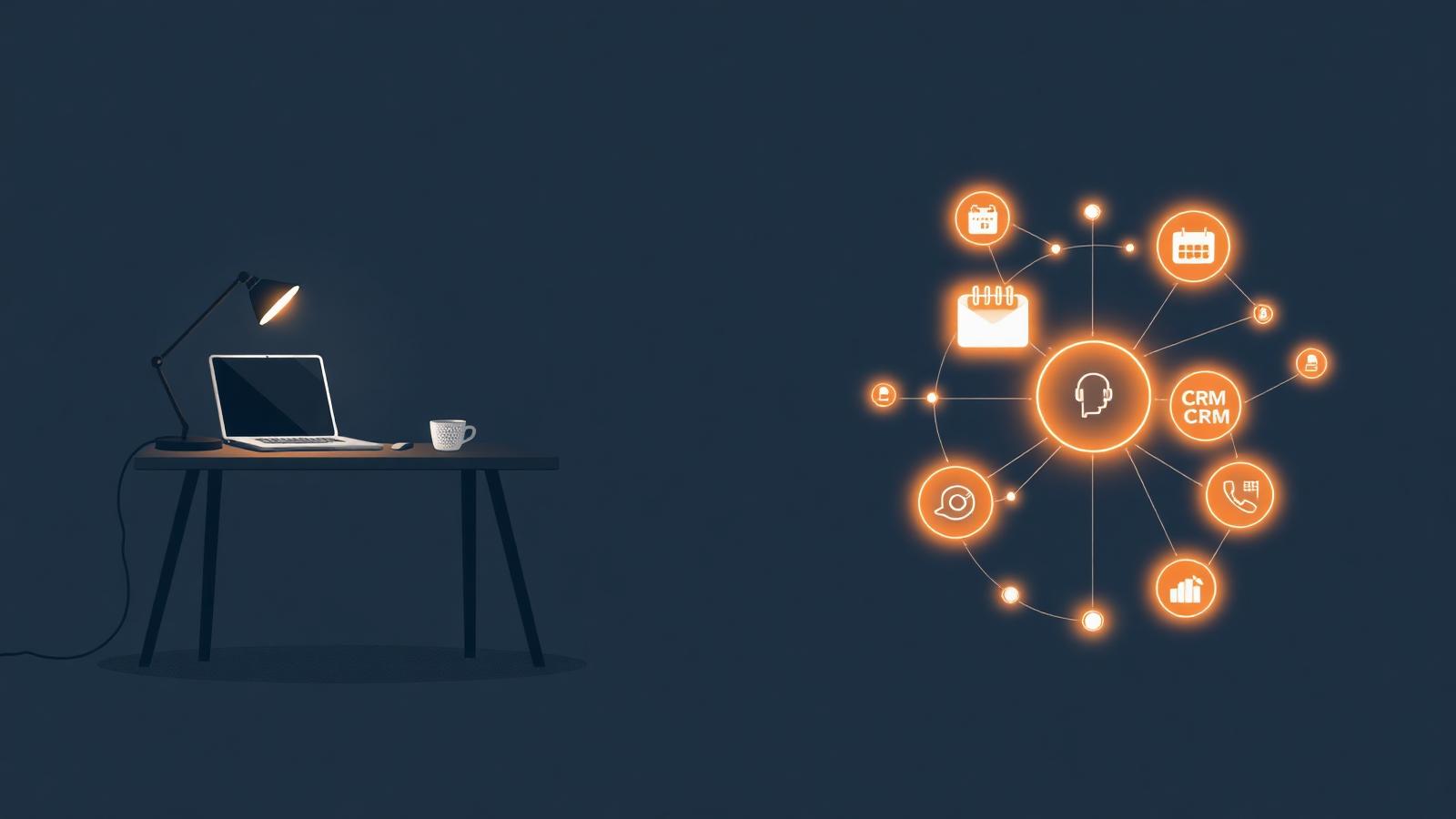 Diptych: on the left, a quiet desk with a laptop and headset lit by a lamp; on the right, a glowing AI agent connected by light lines to calendar, inbox, CRM and phone.