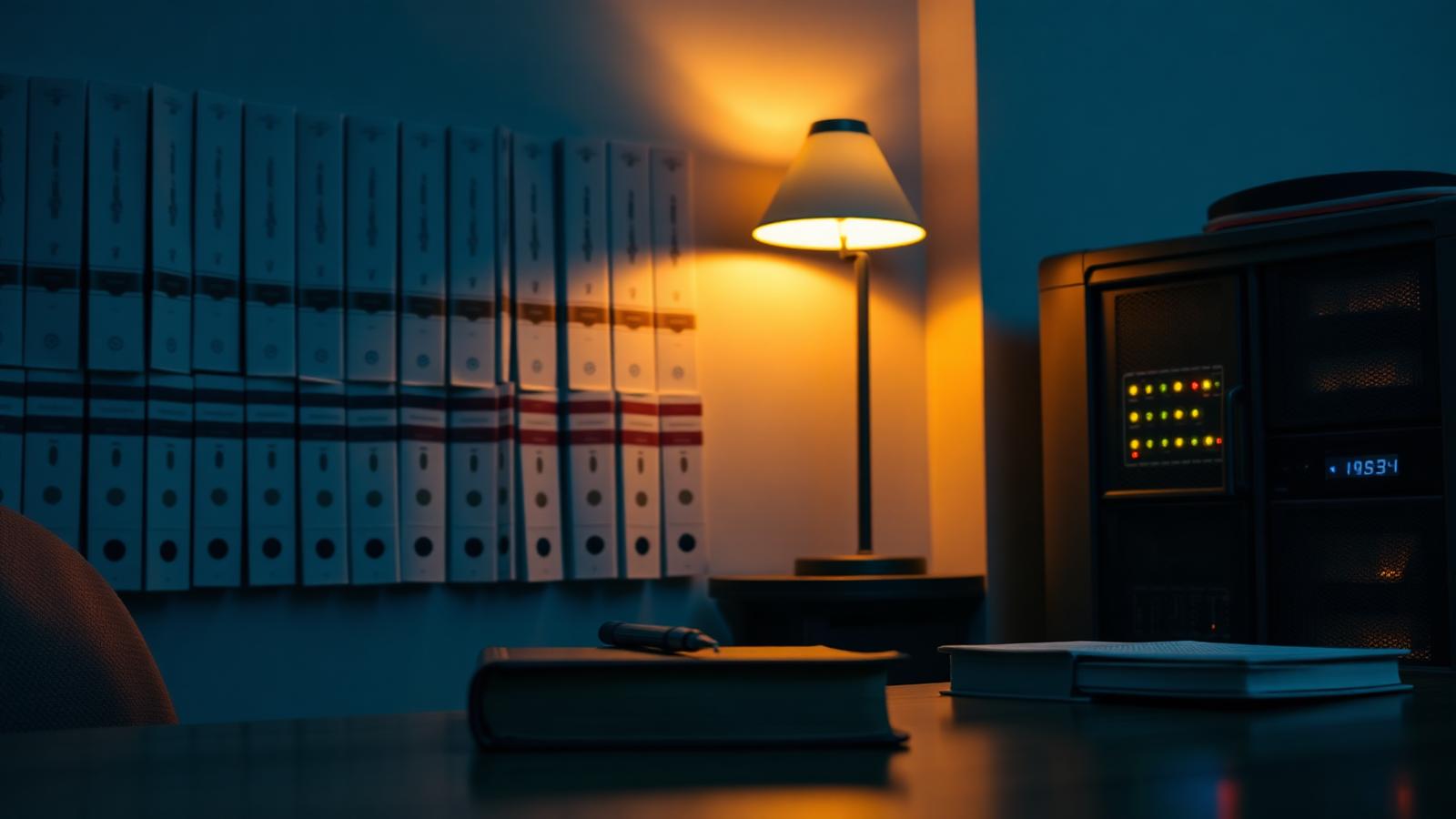 A wall of legal case files and a leather-bound book on a desk beside a small on-premise server rack in a law office at dusk.
