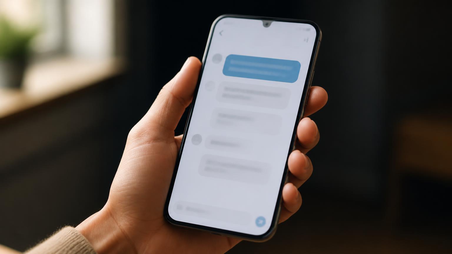 A hand holding a phone where the first message in a conversation is in focus and the messages below fade out.