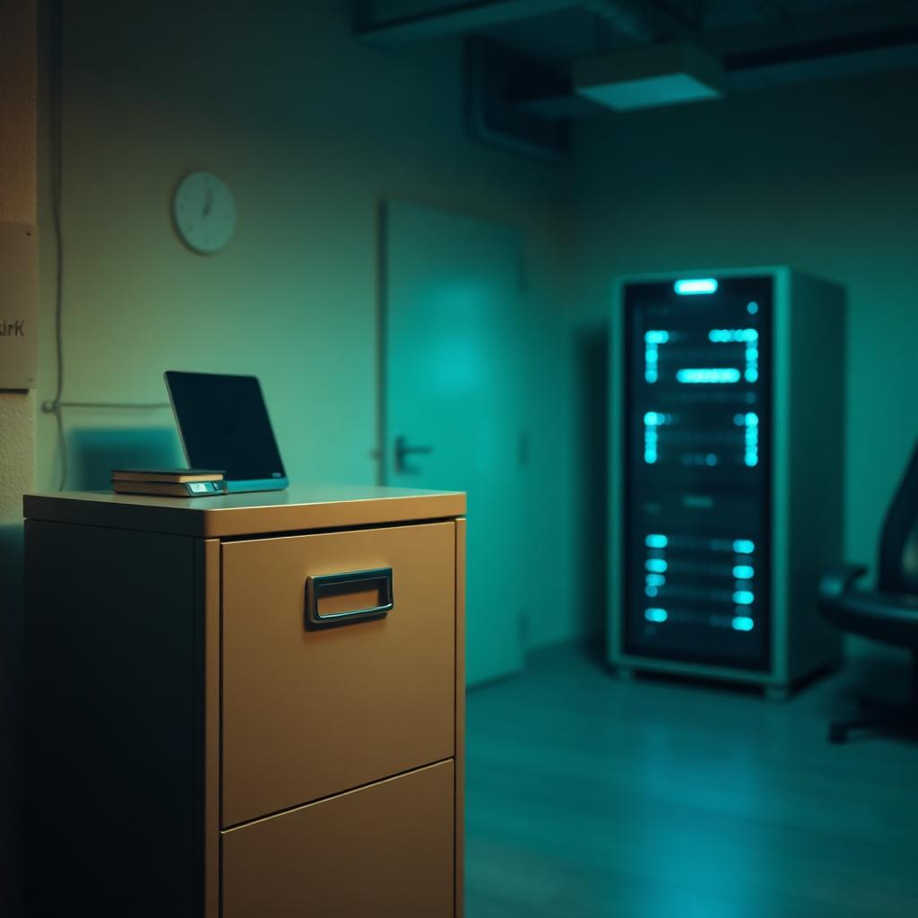 A locked filing cabinet next to a softly glowing server rack in a small European office at dusk.