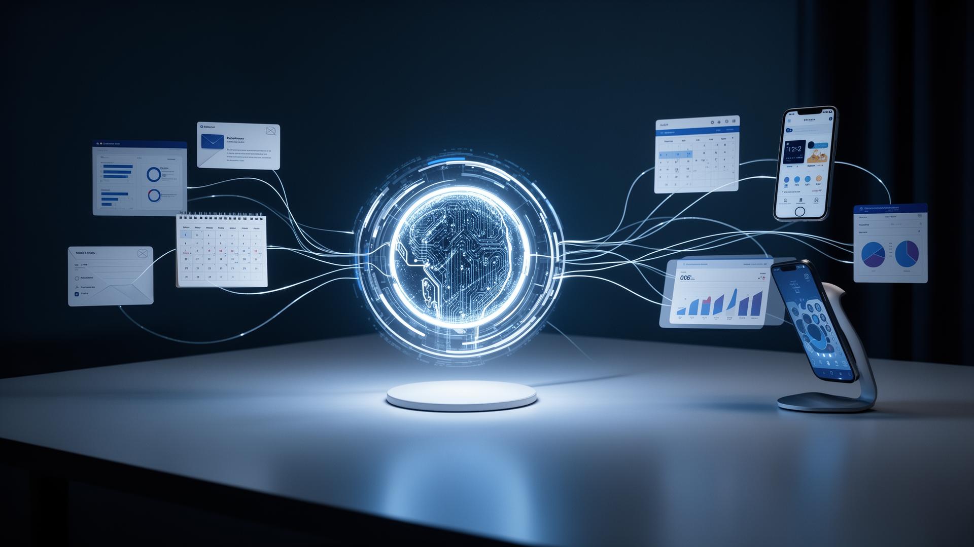 Un agent AI reprezentat ca o interfață circulară luminoasă, conectat prin linii de lumină la calendar, inbox, dashboard și telefon.