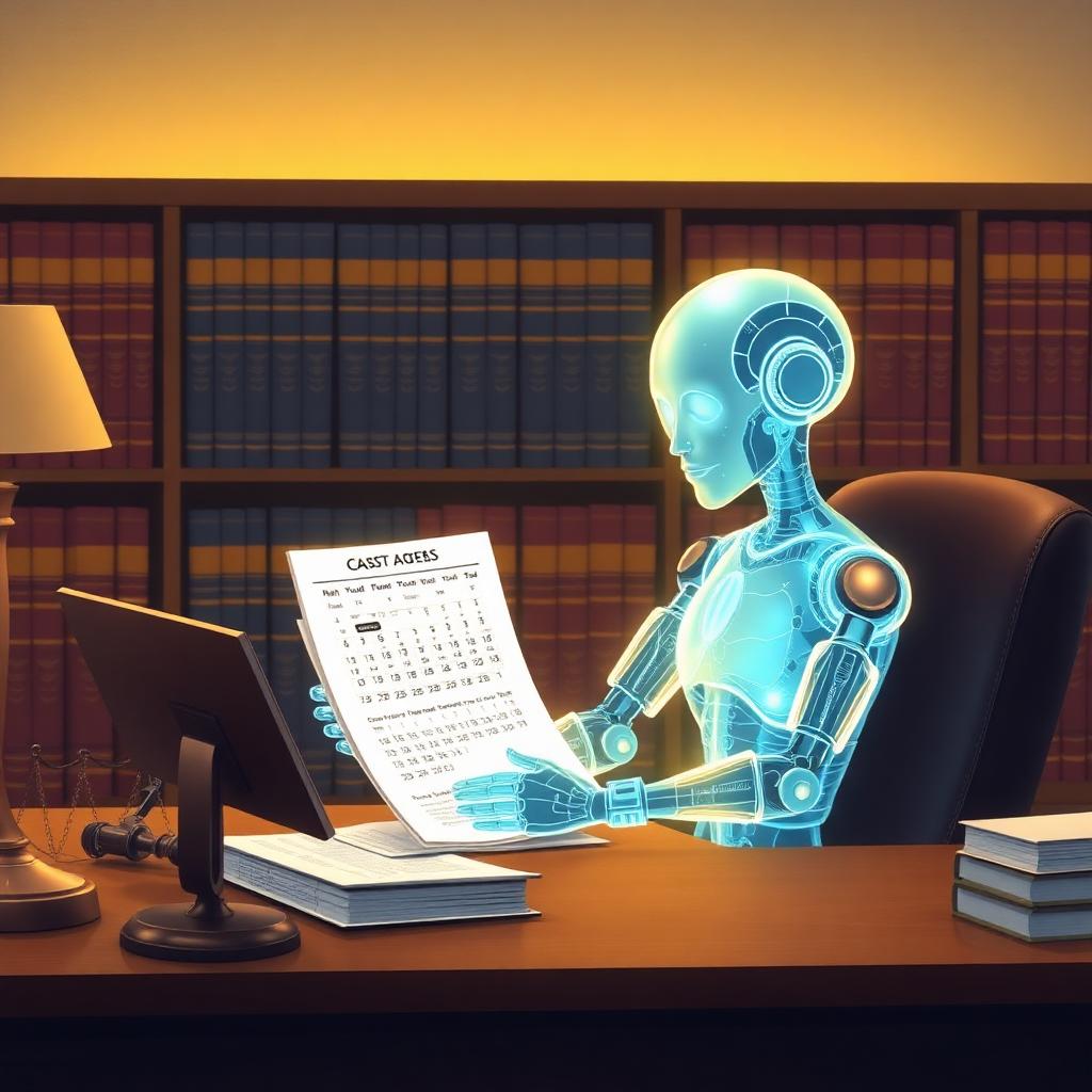 Un agent AI translucid stând la biroul unui avocat, citind dosare și un calendar plin de termene de judecată.